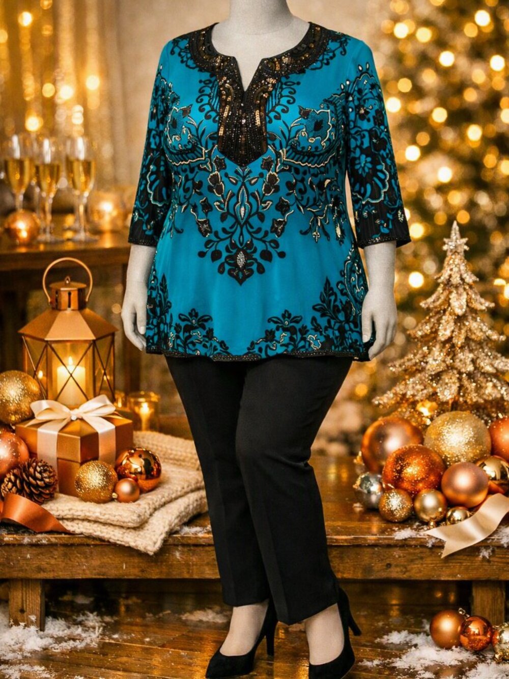 Max Edition Collection Sequin Paisley Top – Blue/Teal – Size 1X